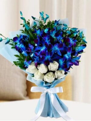 blue-orchid-white-rose-bouquet