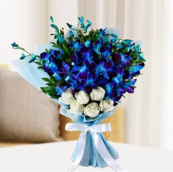 blue-orchid-white-rose-bouquet